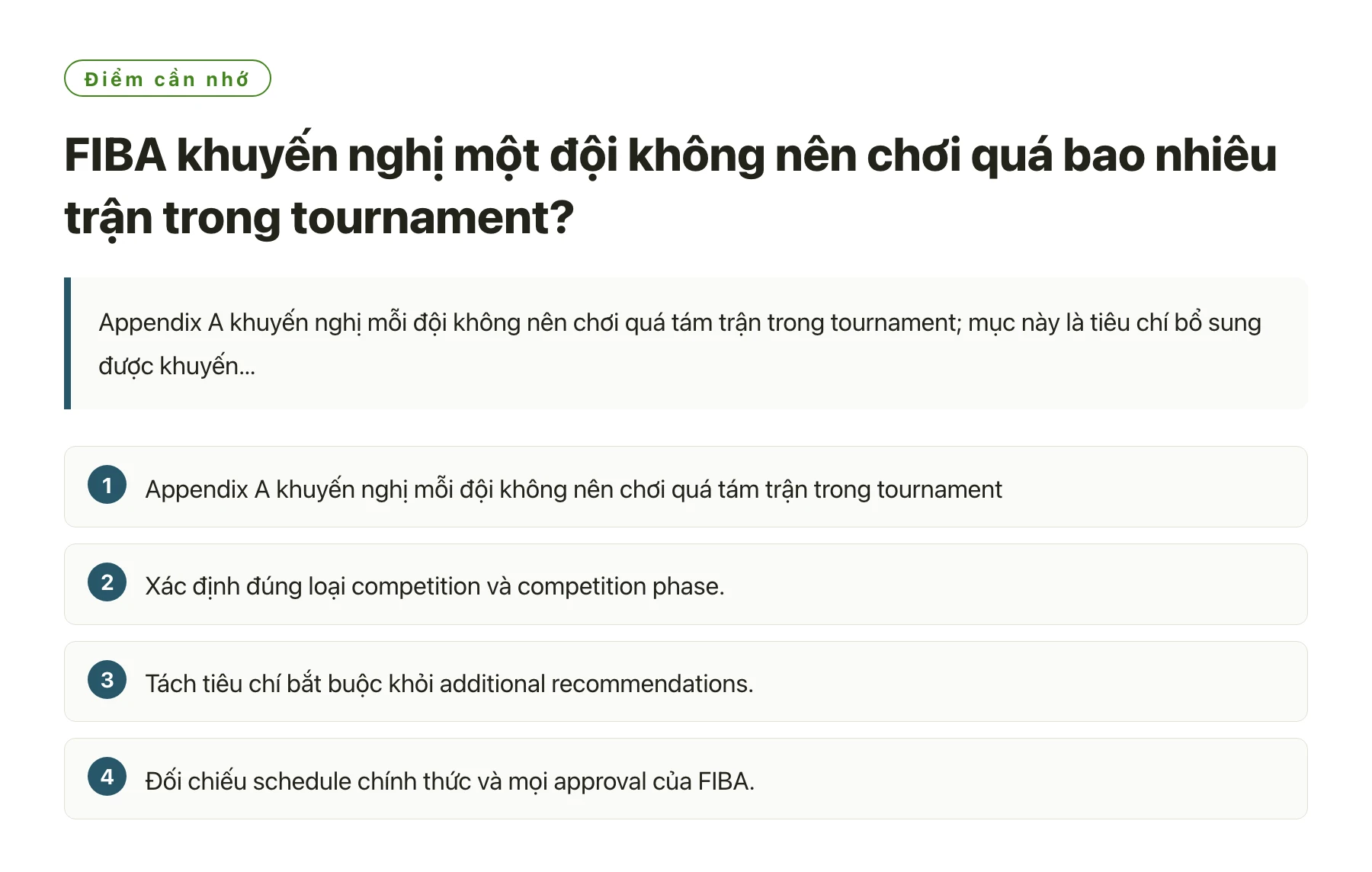 FIBA khuyến nghị một đội không nên chơi quá bao nhiêu trận trong tournament?——全文要点速览